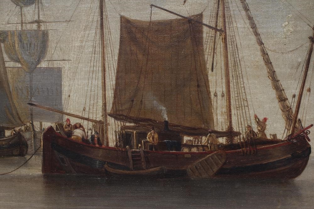 CONTINENTAL SCHOOL (19th Century) Fishing Boats on a Calm Sea, oil on canvas laid on board, 11" x Image