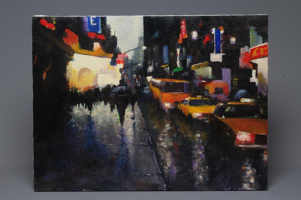 ANDREW SCOTCHMER (British School, 20th/21st Century) New York Street Scene in the Rain, signed lower Image