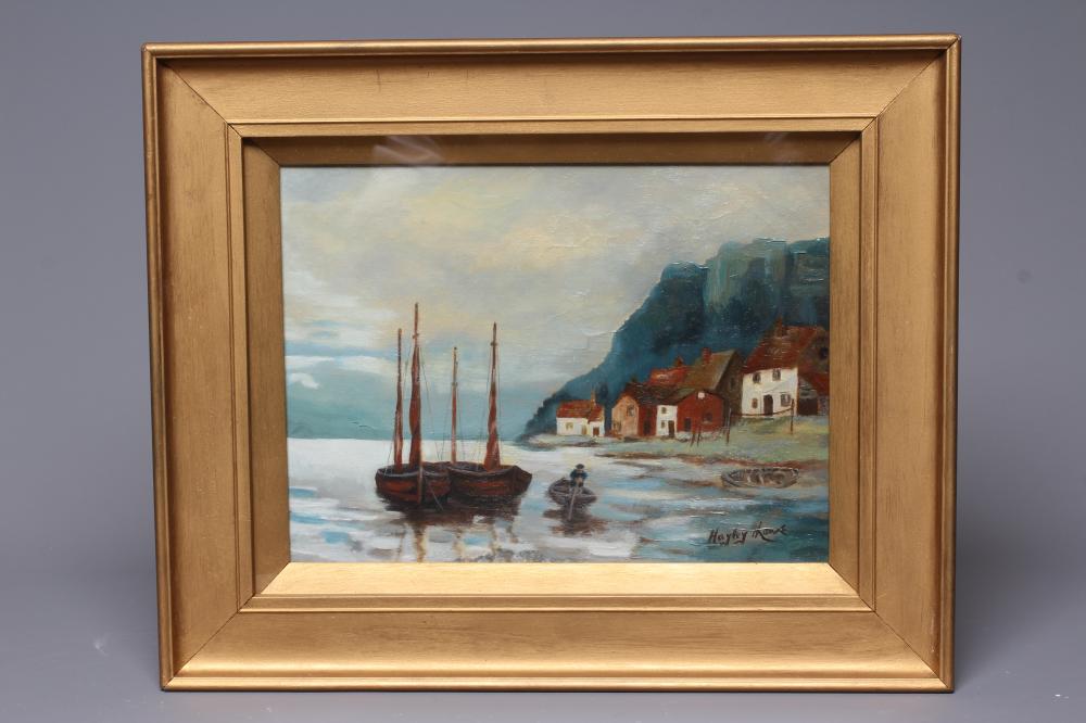 HAYLEY LEVER (1876-1958) Coastal Harbour, signed lower right, oil on canvas, 9" x 12", framed and Image