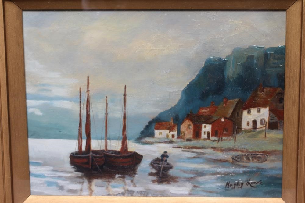 HAYLEY LEVER (1876-1958) Coastal Harbour, signed lower right, oil on canvas, 9" x 12", framed and Image
