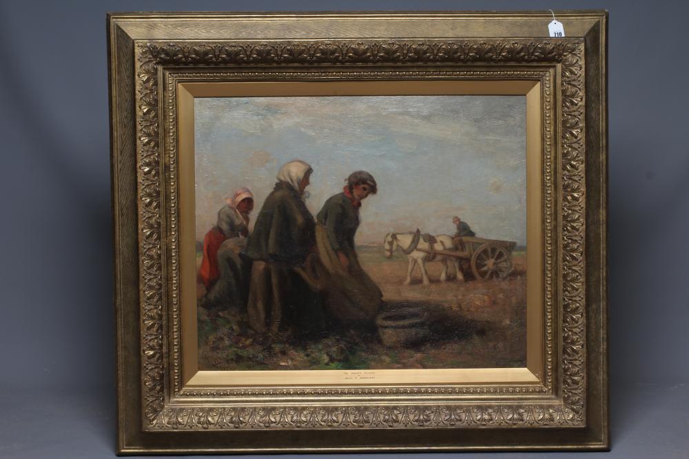 DAVID T ROBERTSON (1879-1952) The Potato Pickers, signed lower left, oil on canvas, 25" x 31", Image