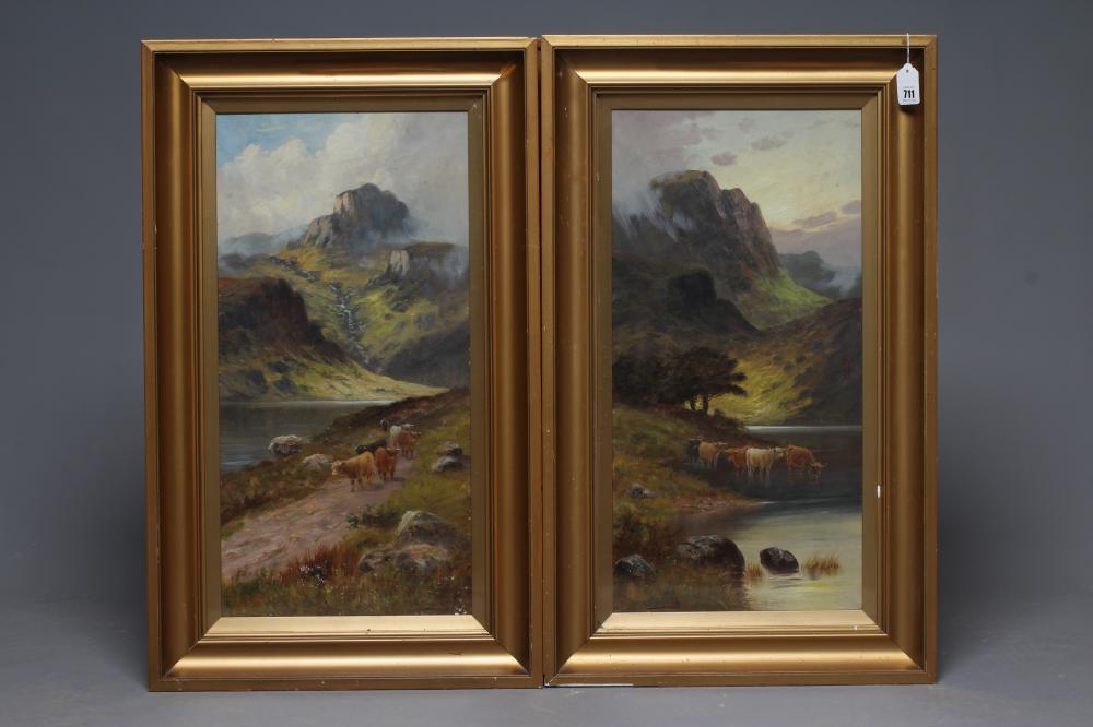 CHARLES W OSWALD (British School, Exh. 1890's) A pair of Highland Landscapes with Cattle Beside a Image