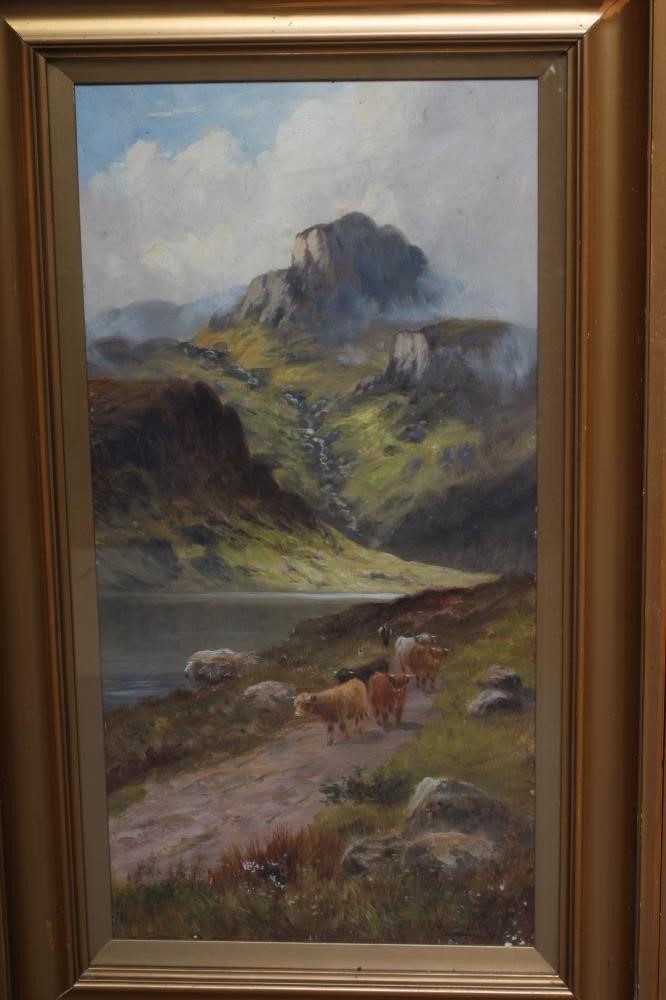 CHARLES W OSWALD (British School, Exh. 1890's) A pair of Highland Landscapes with Cattle Beside a Image