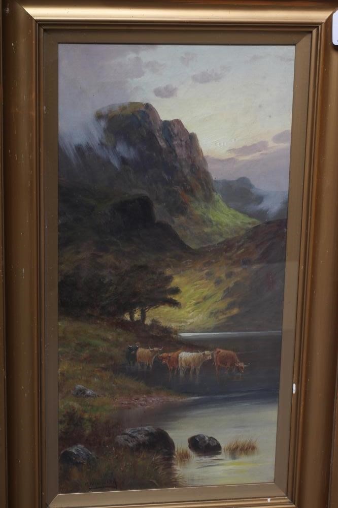 CHARLES W OSWALD (British School, Exh. 1890's) A pair of Highland Landscapes with Cattle Beside a Image