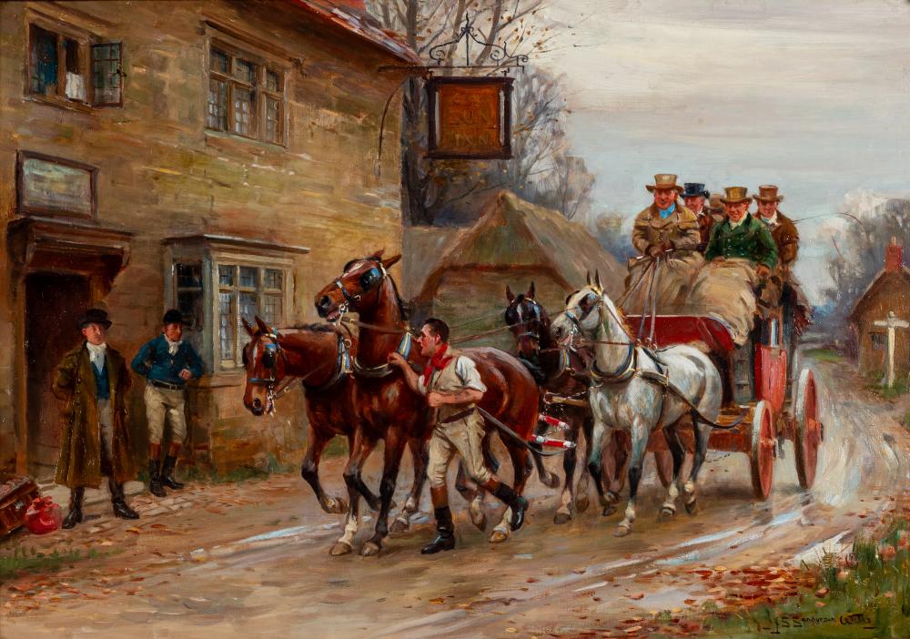 JOHN SANDERSON WELLS (1872-1955) Stage Coach Arriving at the Inn, signed lower right, oil on canvas, Image