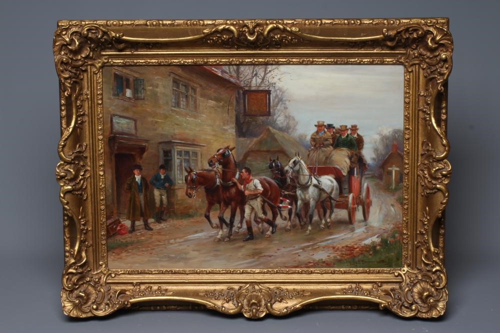 JOHN SANDERSON WELLS (1872-1955) Stage Coach Arriving at the Inn, signed lower right, oil on canvas, Image