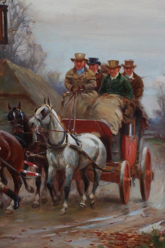 JOHN SANDERSON WELLS (1872-1955) Stage Coach Arriving at the Inn, signed lower right, oil on canvas, Image