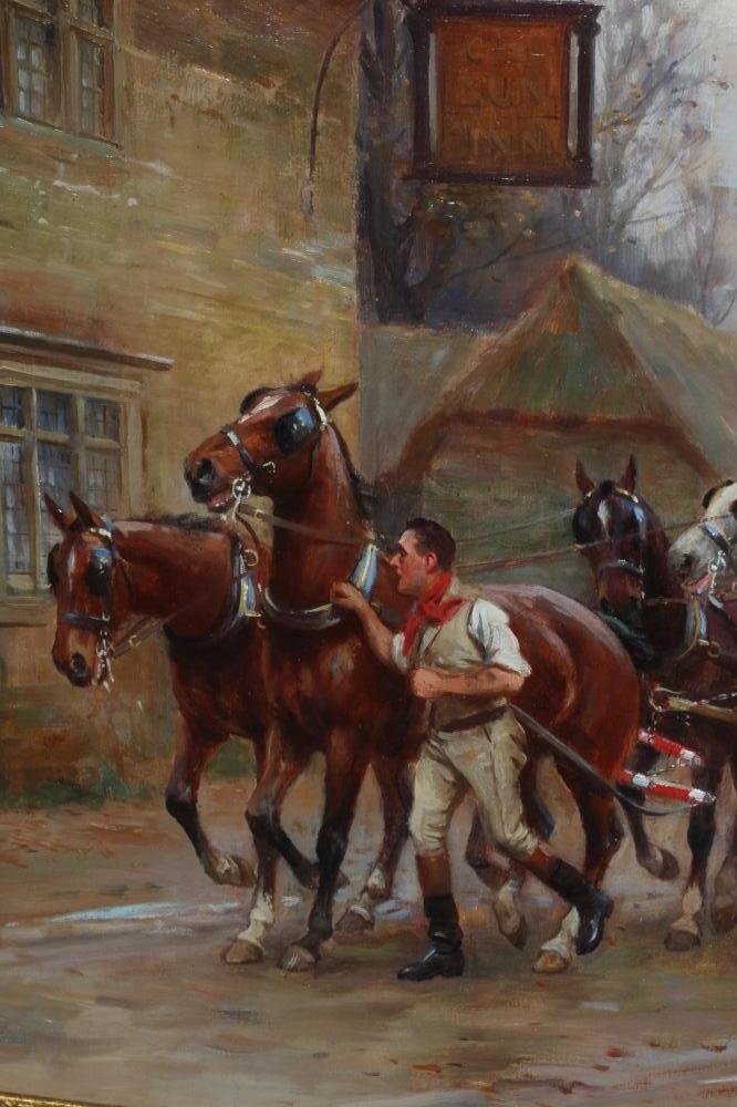 JOHN SANDERSON WELLS (1872-1955) Stage Coach Arriving at the Inn, signed lower right, oil on canvas, Image