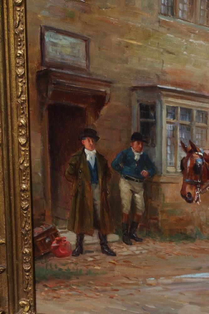 JOHN SANDERSON WELLS (1872-1955) Stage Coach Arriving at the Inn, signed lower right, oil on canvas, Image
