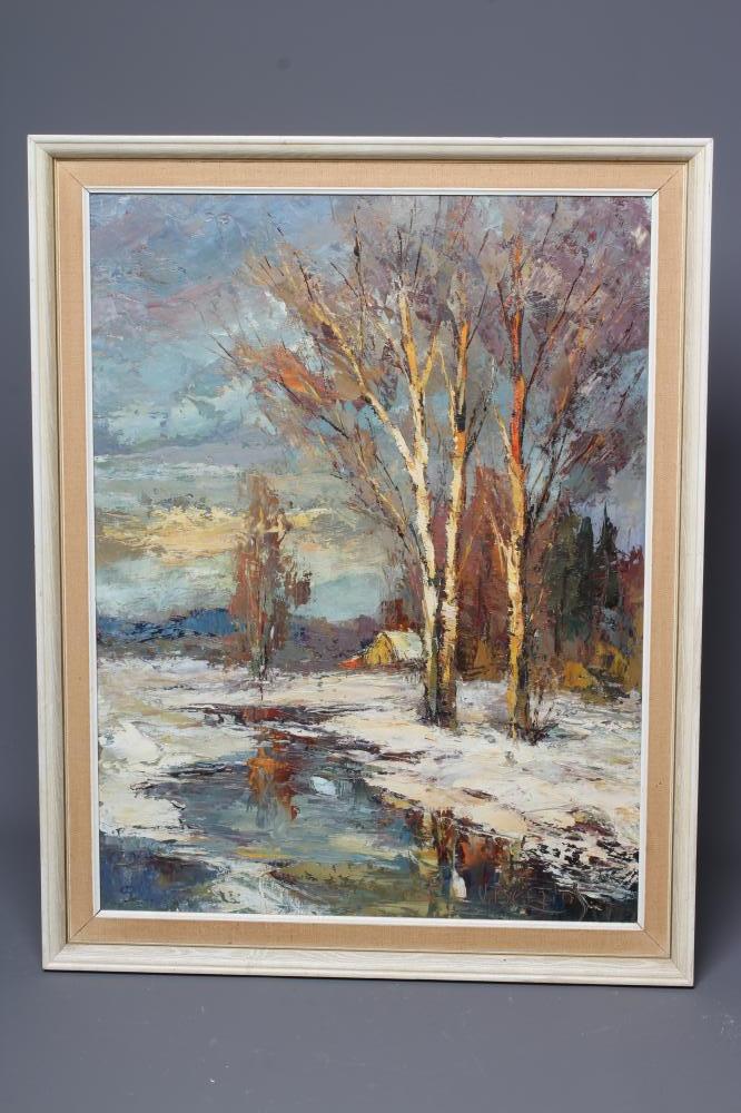VALTER BERZINS (1925-2009) Winter Woodland Landscape, signed lower right, oil on board, 24" x 18 Image