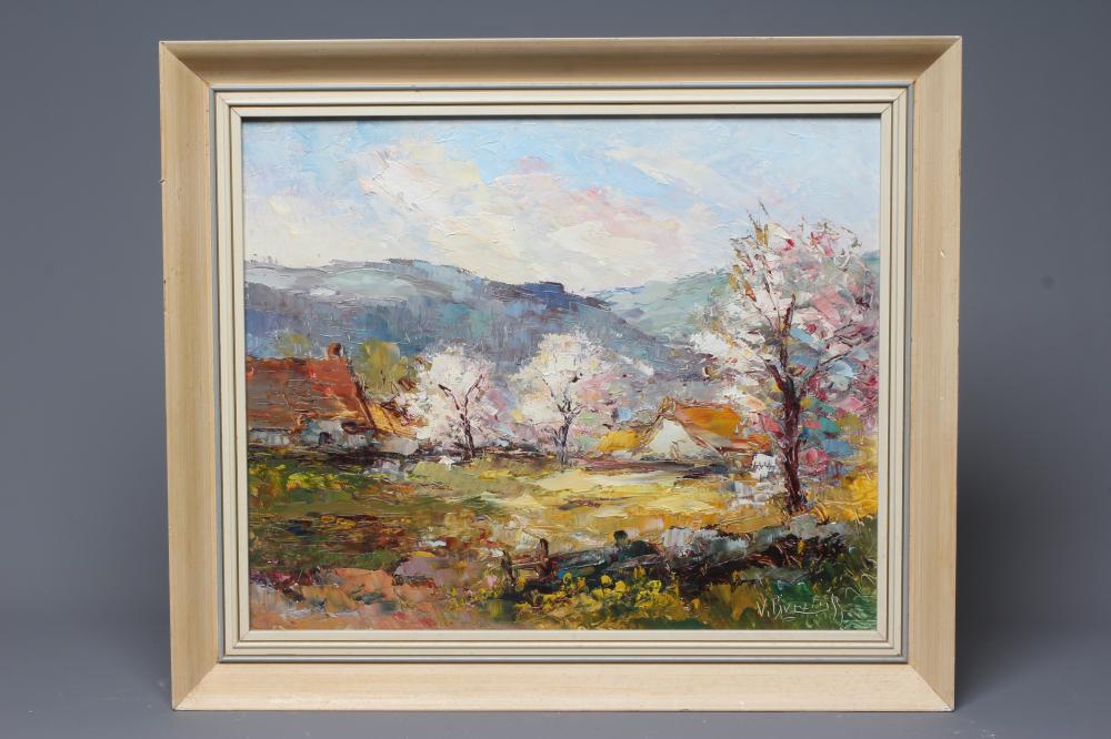 VALTER BERZINS (1925-2009) View of Cottages in a Summer Landscape, signed lower right, oil on board, Image