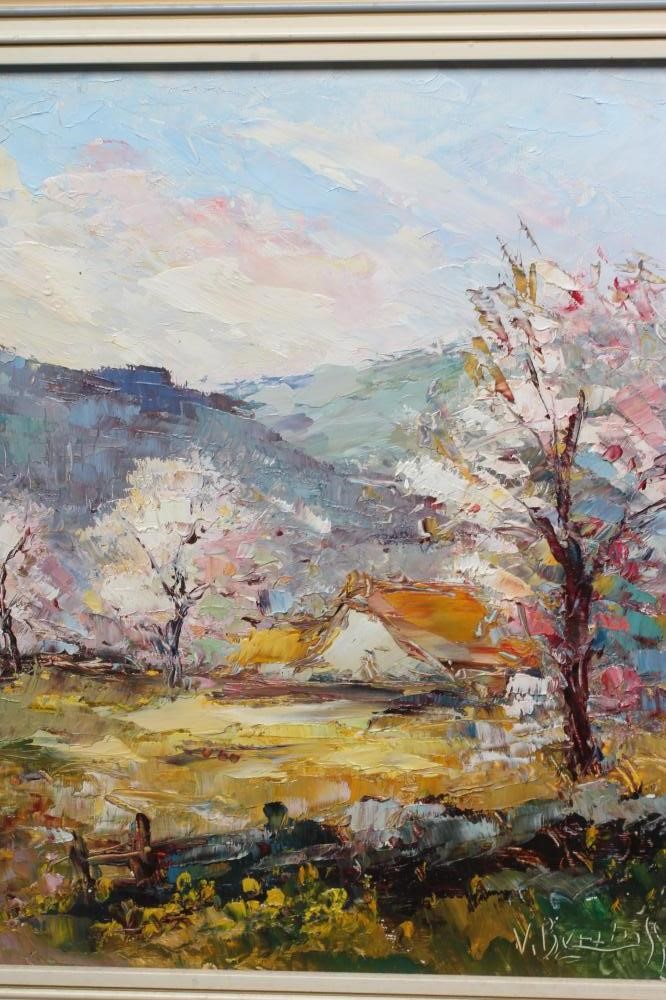 VALTER BERZINS (1925-2009) View of Cottages in a Summer Landscape, signed lower right, oil on board, Image