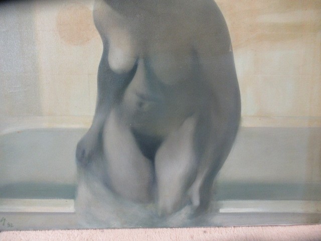 GYORGY GORDON (1924-2005) Lady in Bath, signed lower left and dated '82, oil on canvas, 41" x 41", Image