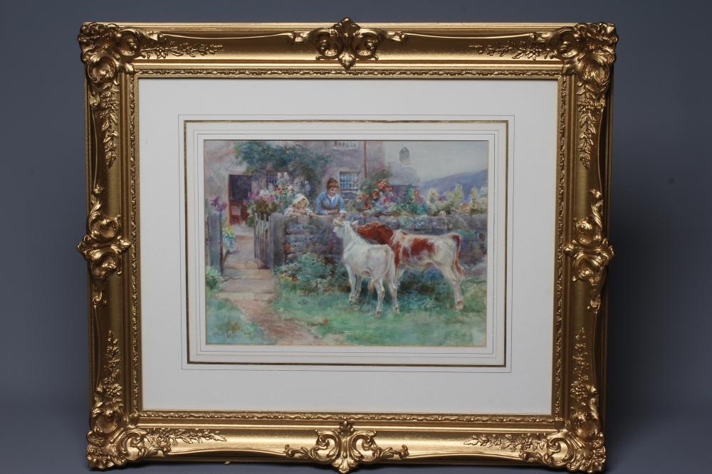 WILLIAM GILBERT FOSTER (1855-1906) Mother and Child with Calves in a Cottage Garden, signed lower Image