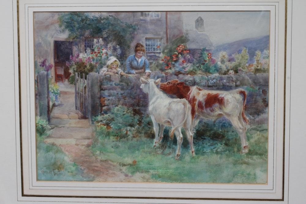 WILLIAM GILBERT FOSTER (1855-1906) Mother and Child with Calves in a Cottage Garden, signed lower Image