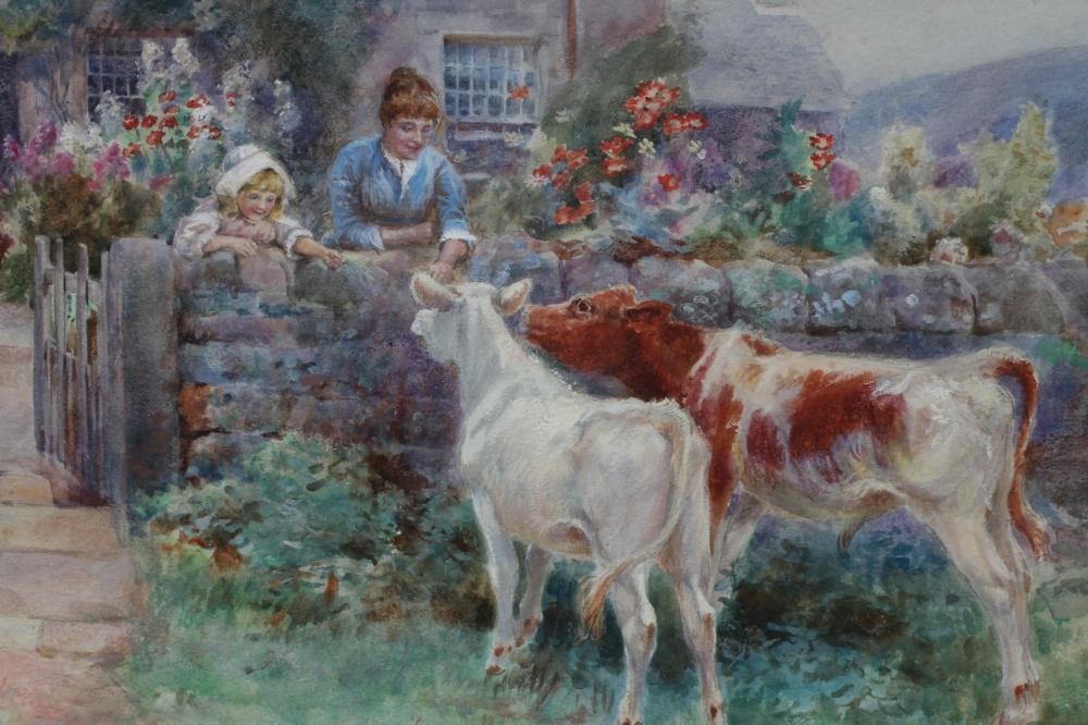 WILLIAM GILBERT FOSTER (1855-1906) Mother and Child with Calves in a Cottage Garden, signed lower Image