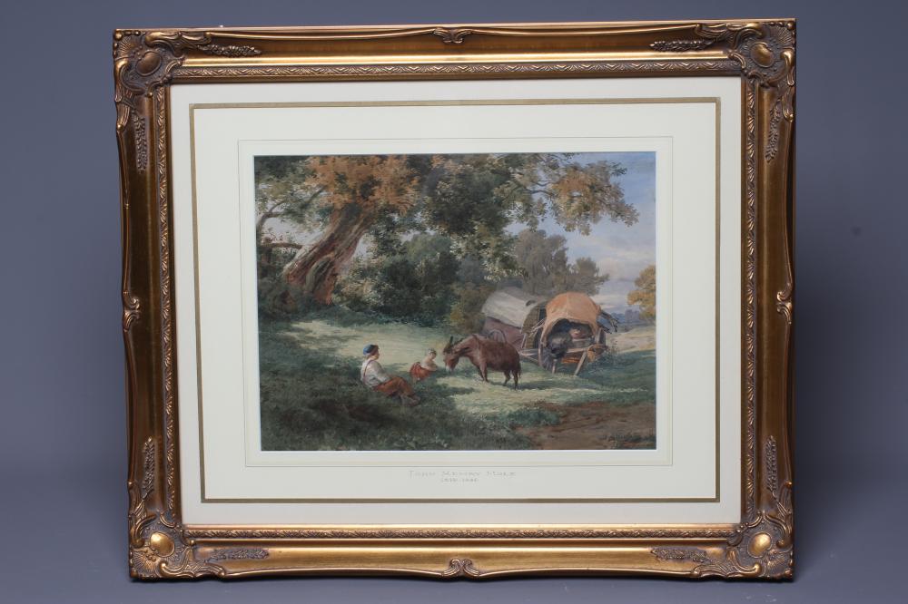 JOHN HENRY MOLE (1814-1886) Father and Child Resting by a Track, watercolour, 10 1/2" x 13 1/2", Image