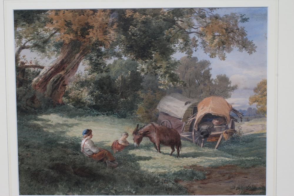 JOHN HENRY MOLE (1814-1886) Father and Child Resting by a Track, watercolour, 10 1/2" x 13 1/2", Image