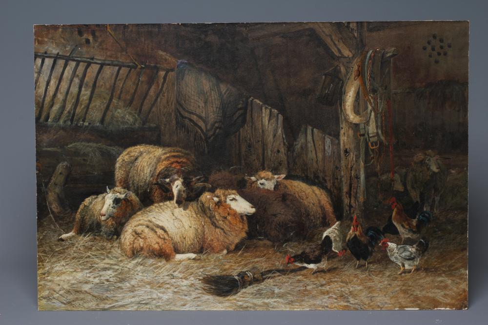 FREDERICK E VALTER (c.1860-c.1930) Sheep and Hens in a Stable, signed lower left, watercolour Image