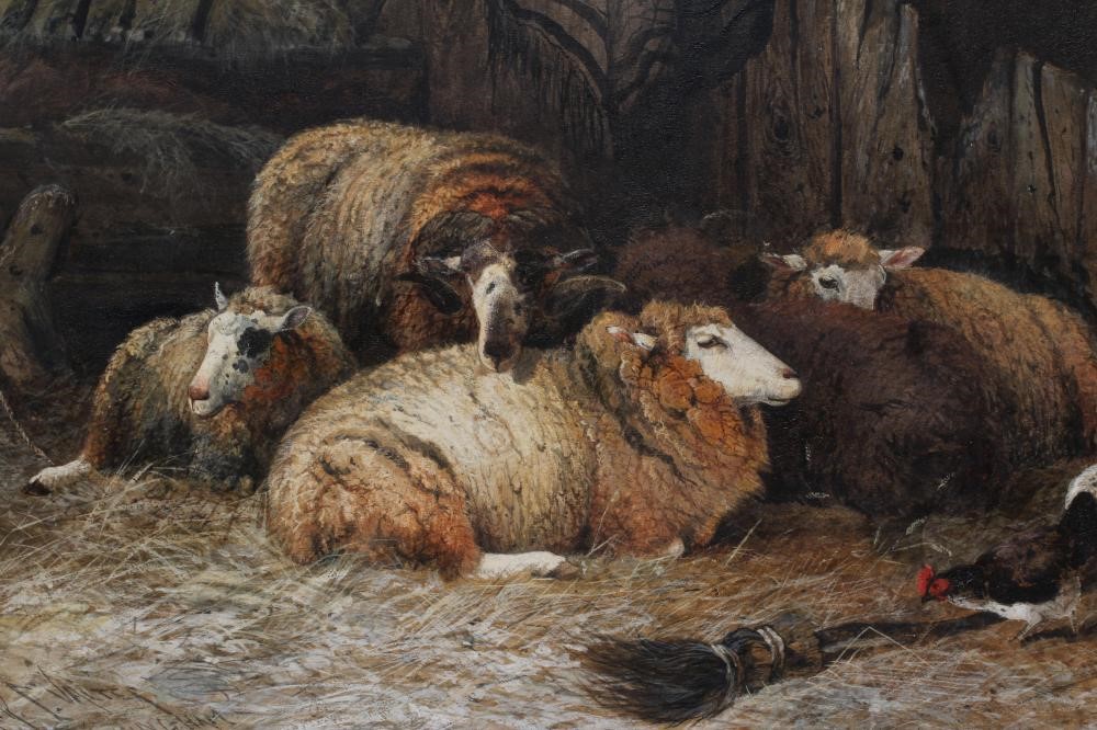 FREDERICK E VALTER (c.1860-c.1930) Sheep and Hens in a Stable, signed lower left, watercolour Image