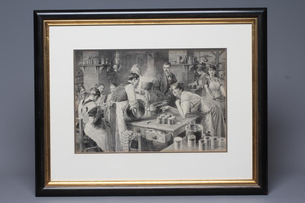 FORTUNINO MATANIA (1881-1965) A Busy Stately Home Kitchen, signed lower right, watercolour, 10 1/2" Image
