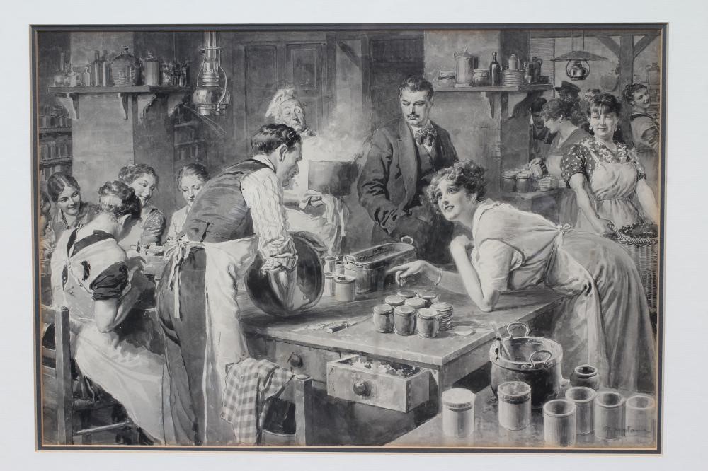 FORTUNINO MATANIA (1881-1965) A Busy Stately Home Kitchen, signed lower right, watercolour, 10 1/2" Image