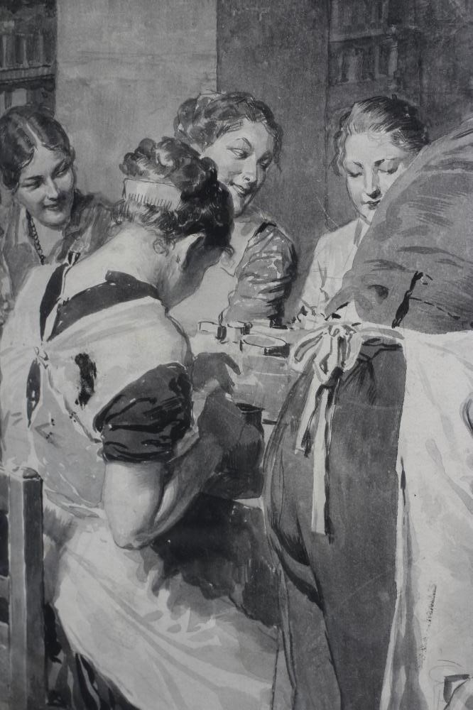 FORTUNINO MATANIA (1881-1965) A Busy Stately Home Kitchen, signed lower right, watercolour, 10 1/2" Image