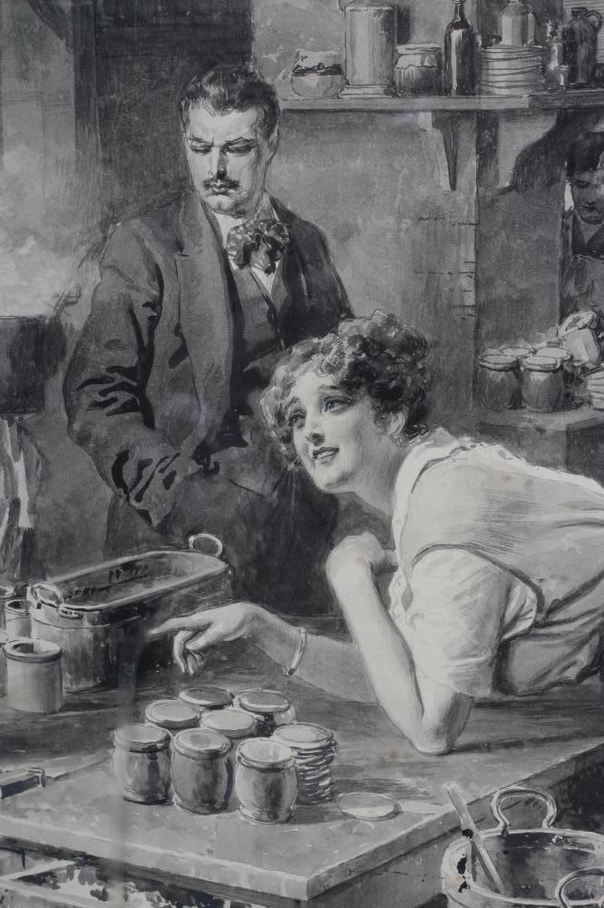 FORTUNINO MATANIA (1881-1965) A Busy Stately Home Kitchen, signed lower right, watercolour, 10 1/2" Image