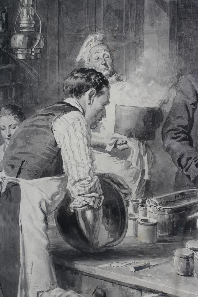 FORTUNINO MATANIA (1881-1965) A Busy Stately Home Kitchen, signed lower right, watercolour, 10 1/2" Image