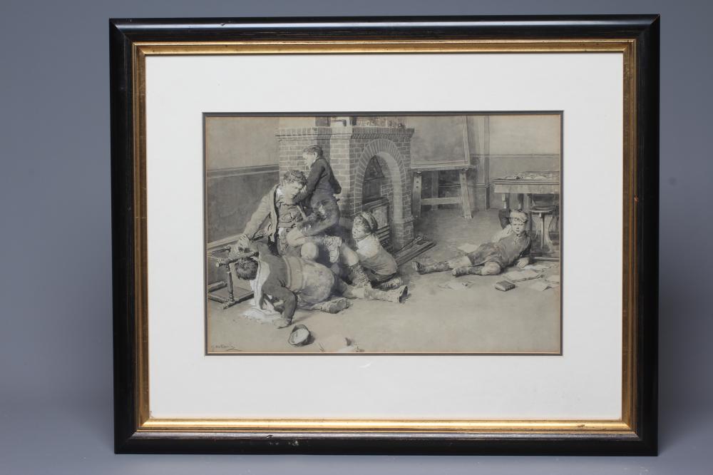 FORTUNINO MATANIA (1881-1965) School Room Brawl, signed lower left, watercolour, 10 1/2" x 15 1/4", Image