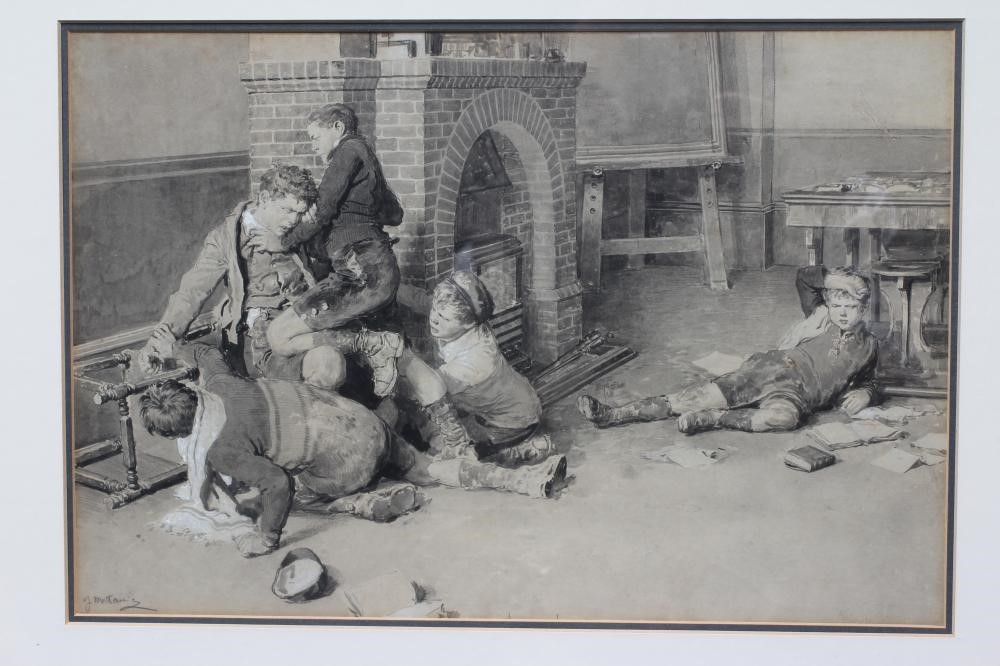 FORTUNINO MATANIA (1881-1965) School Room Brawl, signed lower left, watercolour, 10 1/2" x 15 1/4", Image