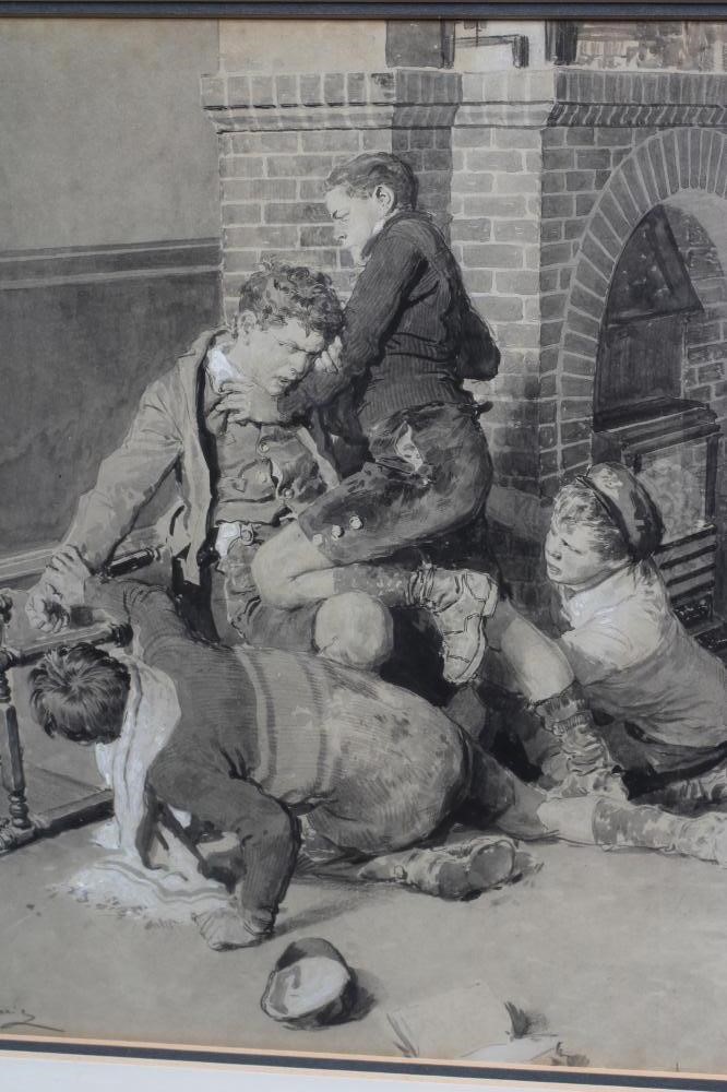 FORTUNINO MATANIA (1881-1965) School Room Brawl, signed lower left, watercolour, 10 1/2" x 15 1/4", Image