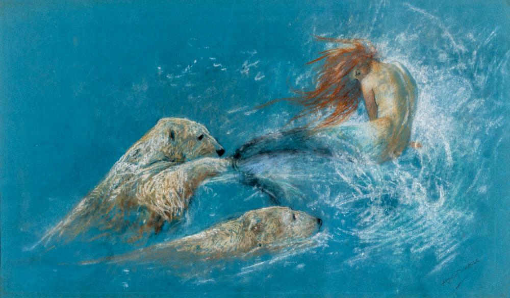 ARTHUR WARDLE (1864-1949) Mermaid with Polar Bears, signed lower right, pastel, 13" x 22 1/4", Image