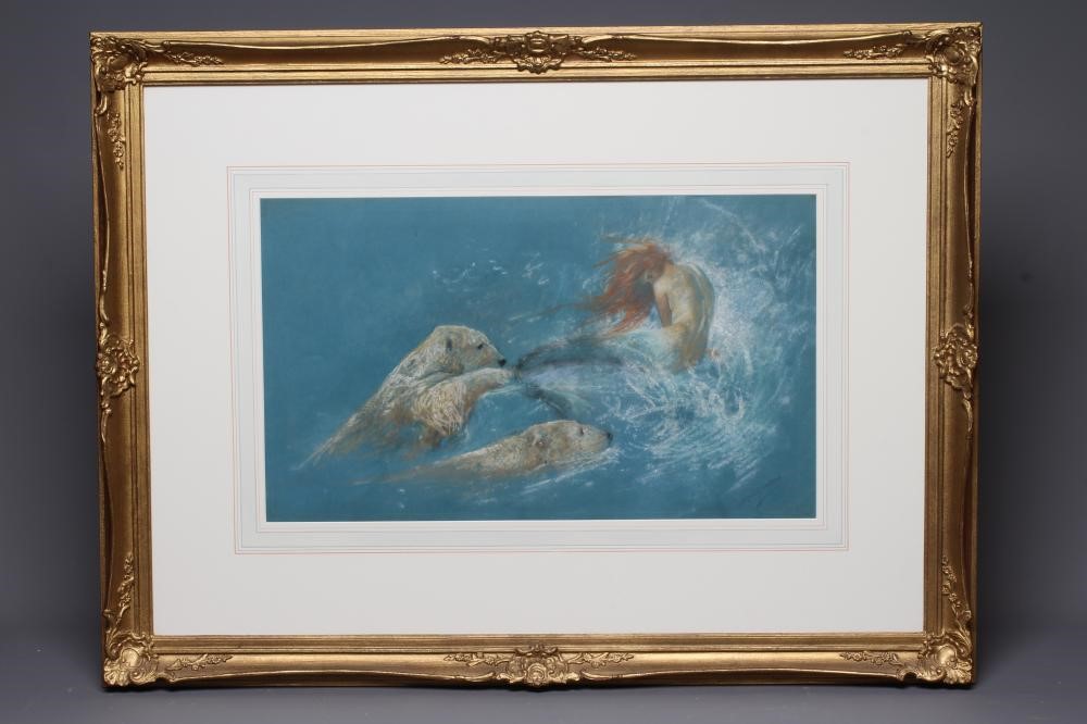 ARTHUR WARDLE (1864-1949) Mermaid with Polar Bears, signed lower right, pastel, 13" x 22 1/4", Image
