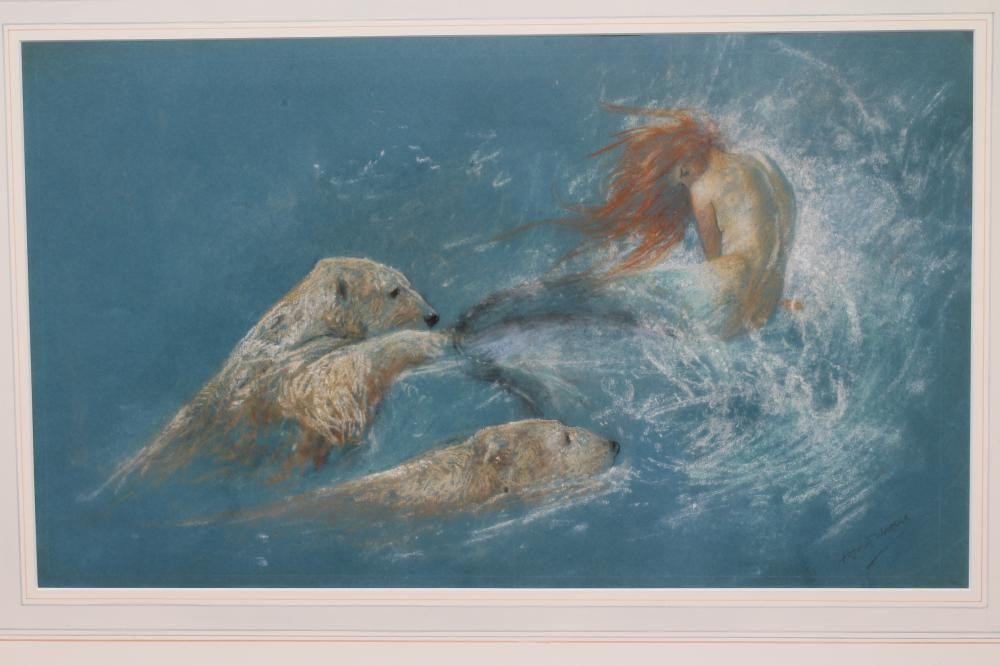 ARTHUR WARDLE (1864-1949) Mermaid with Polar Bears, signed lower right, pastel, 13" x 22 1/4", Image