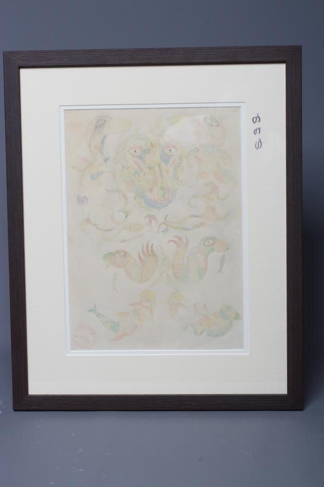 SCOTTIE WILSON (1888-1972) Birds and Fish, signed lower left, mixed media, 13" x 9 1/4", framed and Image