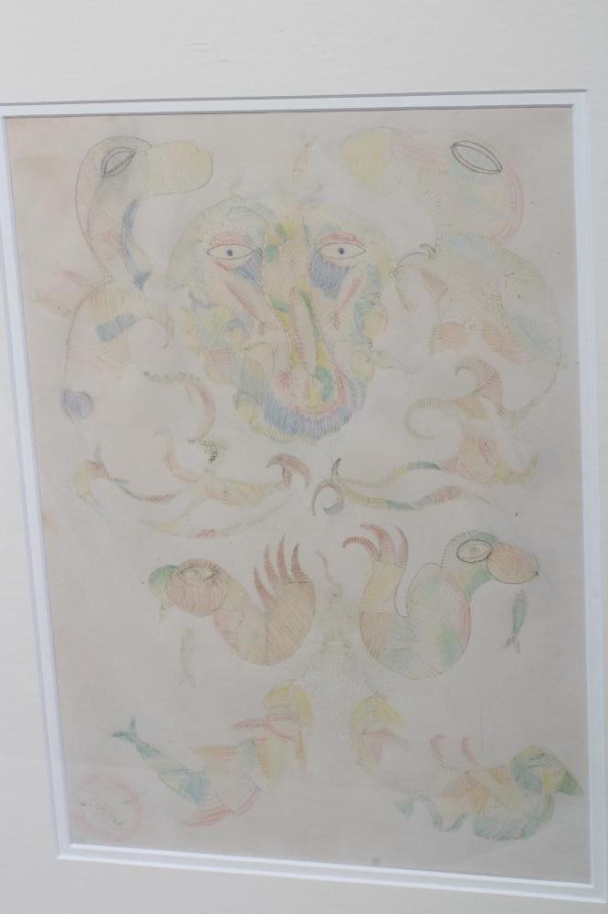 SCOTTIE WILSON (1888-1972) Birds and Fish, signed lower left, mixed media, 13" x 9 1/4", framed and Image