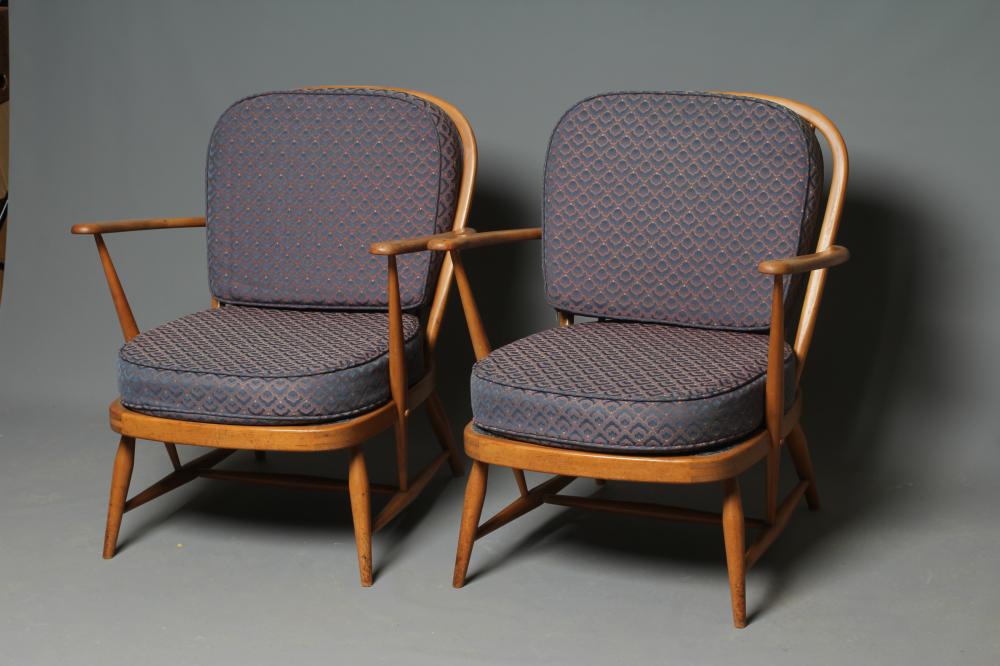 A PAIR OF ERCOL MODEL 355 WINDSOR ARMCHAIRS in beech and elm Image