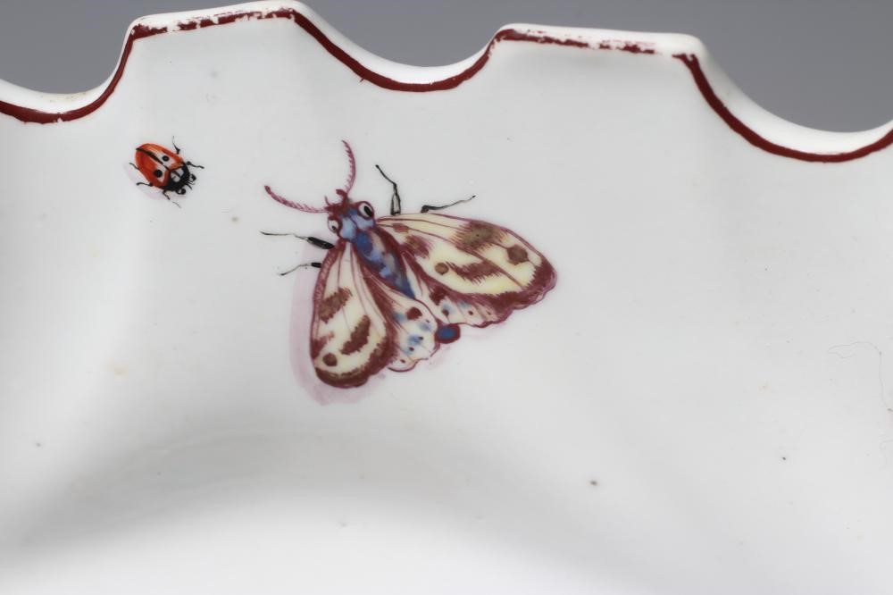 A RED ANCHOR PERIOD CHELSEA PORCELAIN SILVER SHAPED DISH, c.1755, painted in polychrome enamels with Image
