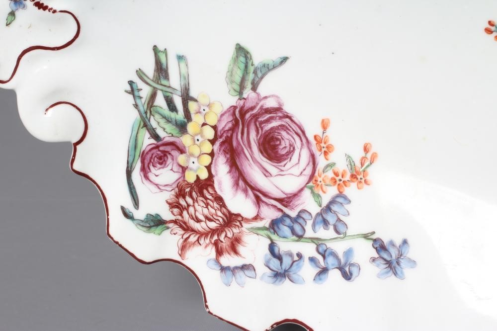 A RED ANCHOR PERIOD CHELSEA PORCELAIN SILVER SHAPED DISH, c.1755, painted in polychrome enamels with Image