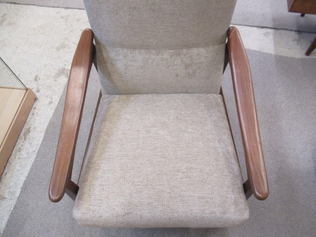 A RETRO TEAK FRAMED LOUNGE SUITE, c.1960's, upholstered in a pale mushroom chenille, comprising a Image