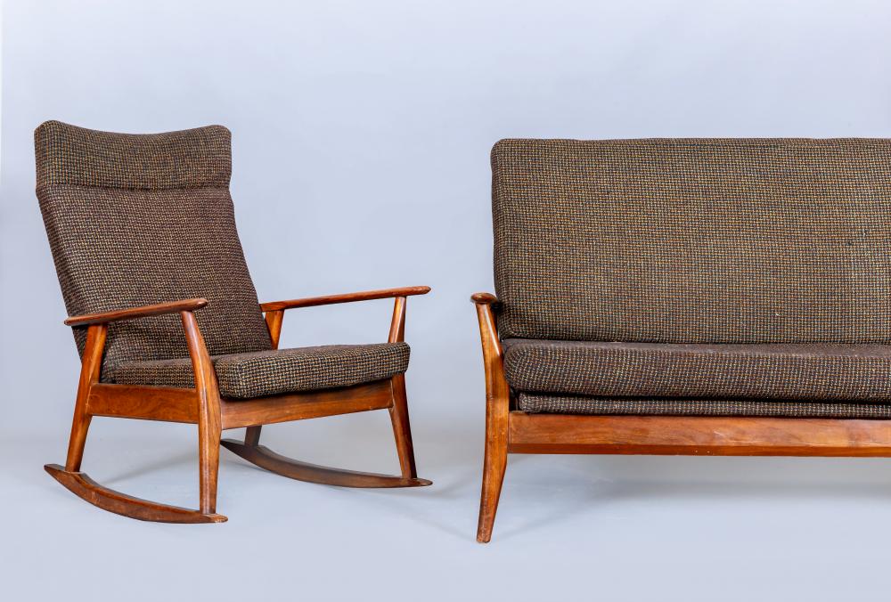 A FURPRO "TRAMPOLINE" TEAK FRAMED SOFA BED, mid 20th century, upholstered in a brown speckled Harris Image
