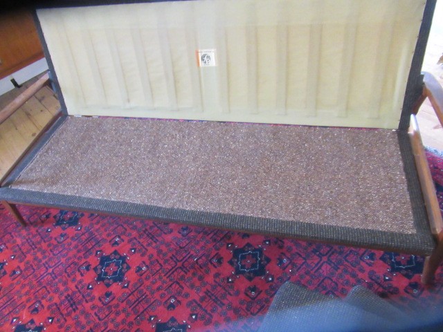 A FURPRO "TRAMPOLINE" TEAK FRAMED SOFA BED, mid 20th century, upholstered in a brown speckled Harris Image