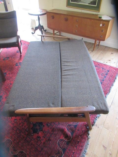 A FURPRO "TRAMPOLINE" TEAK FRAMED SOFA BED, mid 20th century, upholstered in a brown speckled Harris Image