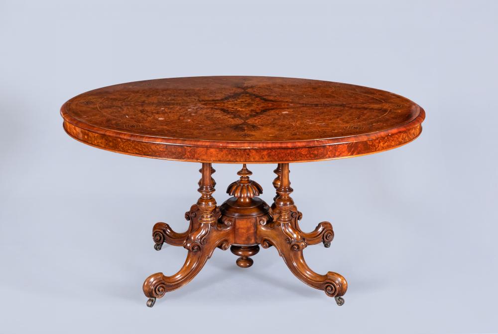 A VICTORIAN BURR WALNUT AND MARQUETRY LOO TABLE Image