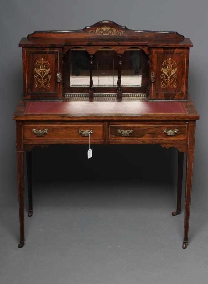 AN EDWARDIAN ROSEWOOD AND MARQUETRY BONHEUR DU JOUR Image