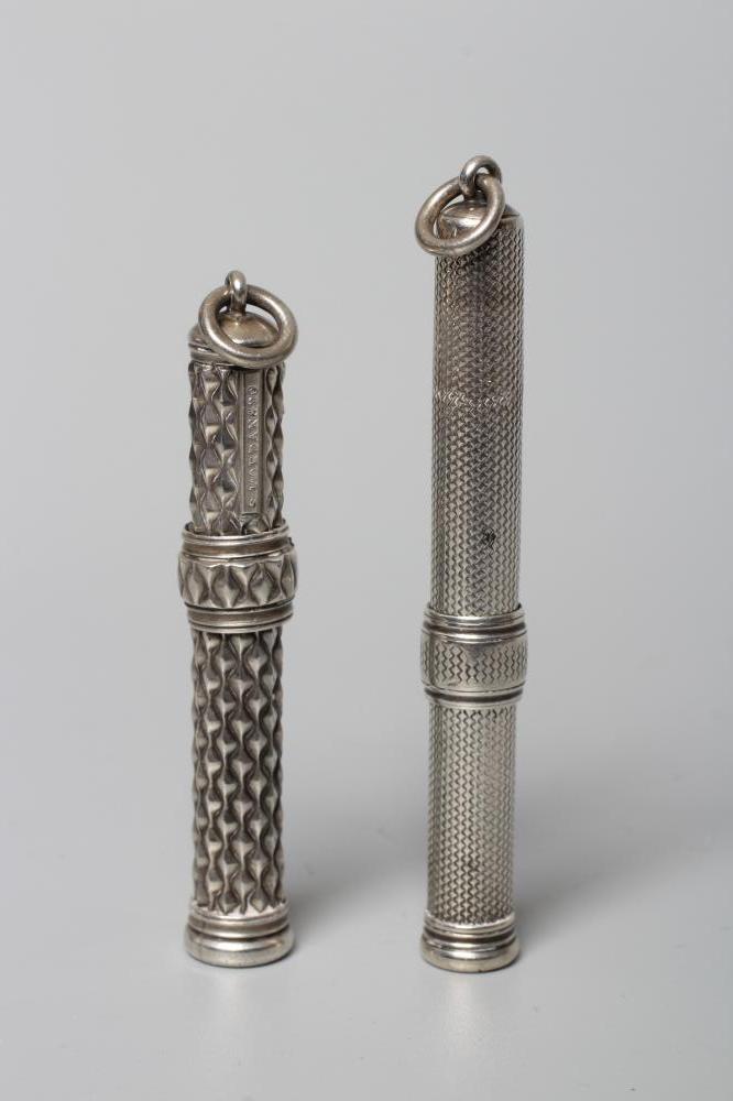 TWO SILVER TELESCOPIC PENCILS by Sampson Mordan, London 1895, the cylindrical body with textured Image
