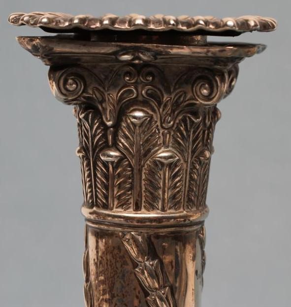 A PAIR OF LATE VICTORIAN SILVER CORINTHIAN COLUMN CANDLESTICKS Image