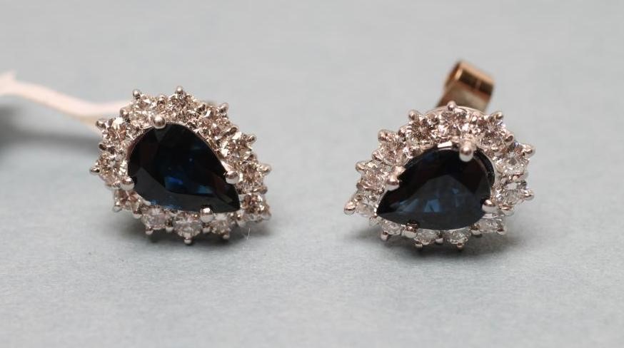 A PAIR OF SAPPHIRE AND DIAMOND CLUSTER EAR STUDS Image