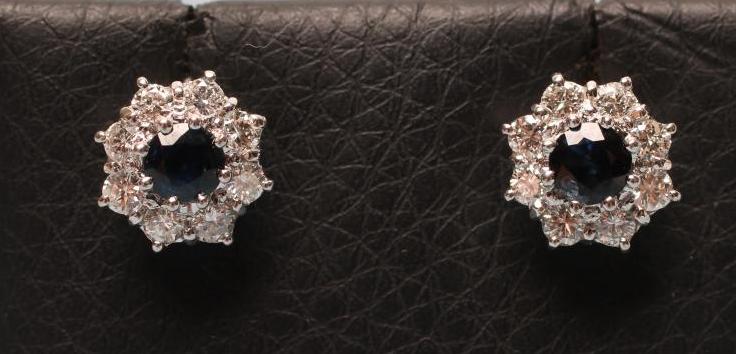 A PAIR OF SAPPHIRE AND DIAMOND CLUSTER EAR STUDS Image
